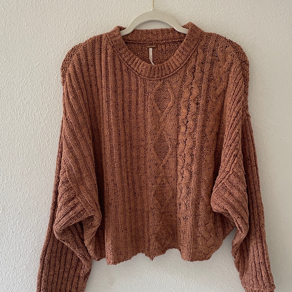 Free People On Your Side Pullover Sweater Brown Sugar Boho Cable Knit